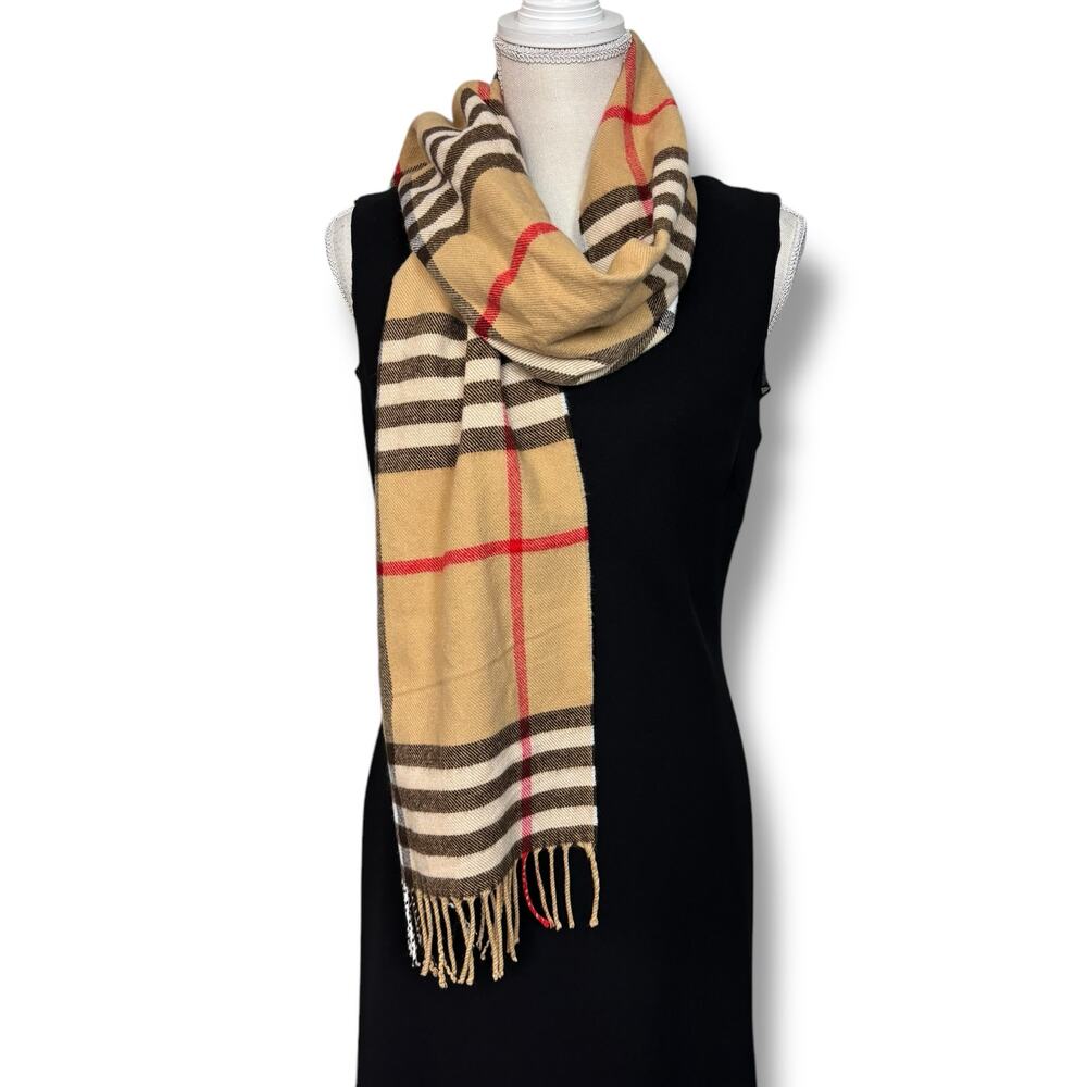 Tan Brown and Red Plaid Scarf with Fringe